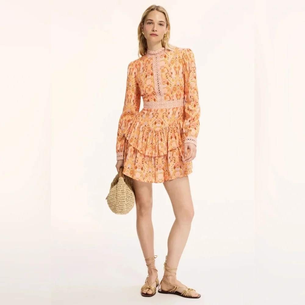 Layered With Love Alexandra Long Sleeve Paisley Orange Linen Mini Dress Sz Small